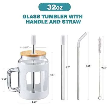 WINSA Glass Tumbler with Bamboo Lid and Straw, 32 oz Glass Water Bottles with Time Marker, Iced Coffee Cup with Handle, Glass Cups with Silicone Protective Sleeve BPA Free-White