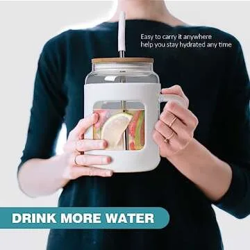 WINSA Glass Tumbler with Bamboo Lid and Straw, 32 oz Glass Water Bottles with Time Marker, Iced Coffee Cup with Handle, Glass Cups with Silicone Protective Sleeve BPA Free-White