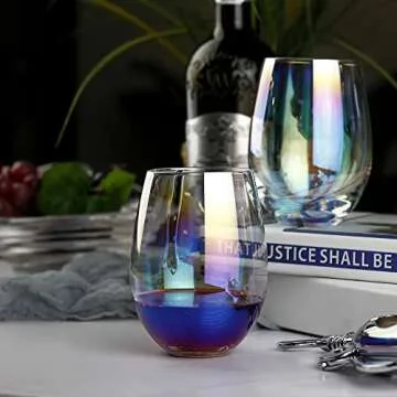 LUXU Rainbow Stemless Wine Glasses(Set of 4)-20 oz,Large Iridescent Wine Glasses for Red or White Wine,No Stem Beverage Cups,Sleek Drinking Tumbler,Water Glass,Perfect for Gifts,Party,Home&Bar