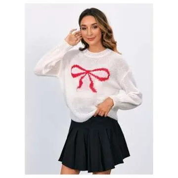 MakeMeChic Women's Bow Print Lightweight Crewneck Long Sleeve Sweaters Knit Loose Sweater Pullovers