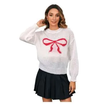 MakeMeChic Women's Bow Print Lightweight Crewneck Long Sleeve Sweaters Knit Loose Sweater Pullovers