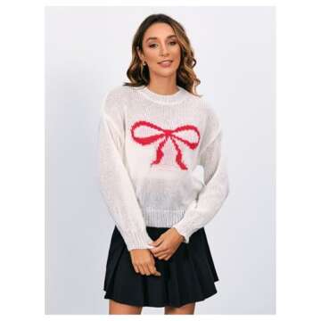 MakeMeChic Women's Bow Print Lightweight Crewneck Long Sleeve Sweaters Knit Loose Sweater Pullovers