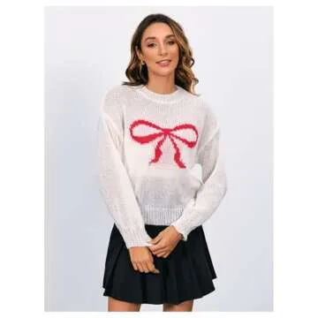 MakeMeChic Women's Bow Print Lightweight Crewneck Long Sleeve Sweaters Knit Loose Sweater Pullovers