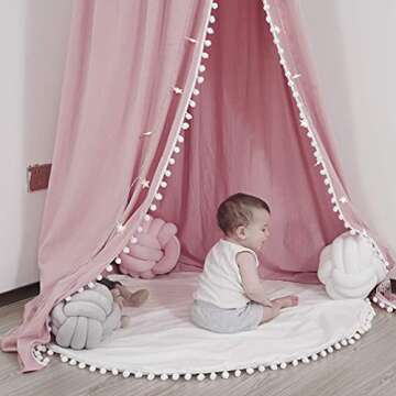 LOAOL Kids Bed Canopy with Pom Pom Cotton Canopy for Crib Baby Girl Netting Cover Canopy Crib Curtai...
