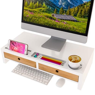 Stylish White Computer Monitor Stand with Drawers for Organizing