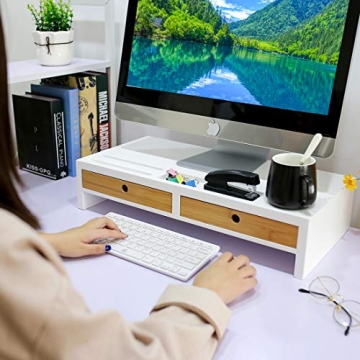 Stylish White Computer Monitor Stand with Drawers for Organizing