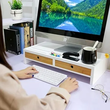 Stylish White Computer Monitor Stand with Drawers for Organizing