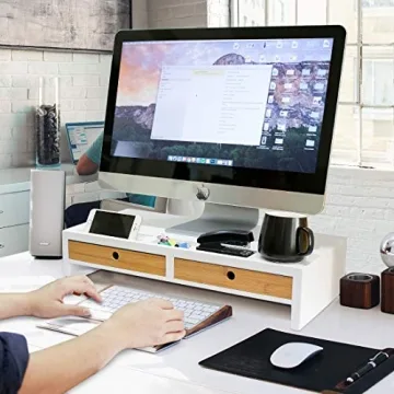 Stylish White Computer Monitor Stand with Drawers for Organizing