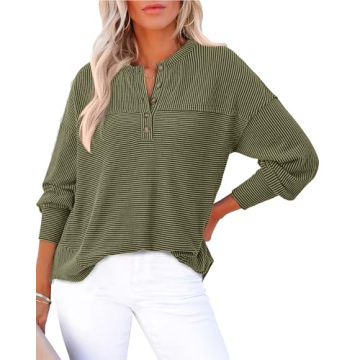 KIRUNDO Womens Tops Casual Ribbed Knit Long Sleeve Henley Shirts Button V Neck Curved Split Hem Loos...