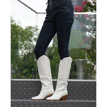 Ojiaoer Cowboy Boots for women,Womens Embroidered Knee High Western Cowboy Boots,Comfortable Fashionable Pointed Toe Chunky Heel Wide Calf Boots