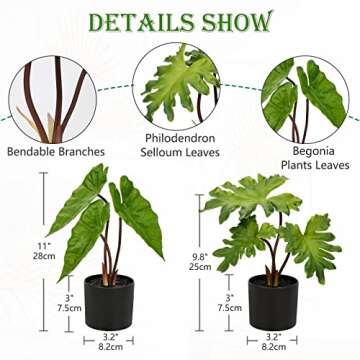 Hollyone Fake Plants Set of 2 Potted Faux Monstera Leaf Artificial Alocasia Plant in Matte Black Pot...