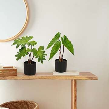 Hollyone Fake Plants Set of 2 Potted Faux Monstera Leaf Artificial Alocasia Plant in Matte Black Pot Greenery Aesthetic House Plants for Home Decor Indoor Bathroom Table Shelf Desk Office Decoration
