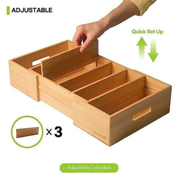Cleanclue Expandable Kitchen Cabinet Organizer for Food Storage Container Lids, Bamboo Drawer Caddy Adjustable Dividers, Box for Kitchen Storage and Organization, Lids Organizer for Cabinet (Natural)