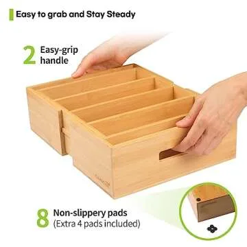 Cleanclue Expandable Kitchen Cabinet Organizer for Food Storage Container Lids, Bamboo Drawer Caddy Adjustable Dividers, Box for Kitchen Storage and Organization, Lids Organizer for Cabinet (Natural)