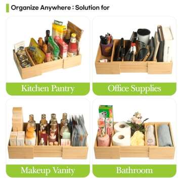 Cleanclue Expandable Kitchen Cabinet Organizer for Food Storage Container Lids, Bamboo Drawer Caddy Adjustable Dividers, Box for Kitchen Storage and Organization, Lids Organizer for Cabinet (Natural)