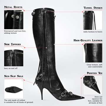 Lyrisiphy Knee High Boots for Women Pointed Toe Stiletto Heels Side Zipper Rivets Tassels Boots Fashion Dress Party Boots Mid Calf Boots