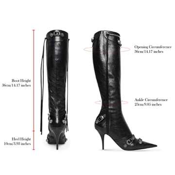 Lyrisiphy Knee High Boots for Women Pointed Toe Stiletto Heels Side Zipper Rivets Tassels Boots Fashion Dress Party Boots Mid Calf Boots