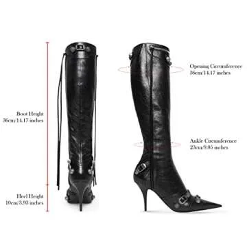 Lyrisiphy Knee High Boots for Women Pointed Toe Stiletto Heels Side Zipper Rivets Tassels Boots Fashion Dress Party Boots Mid Calf Boots