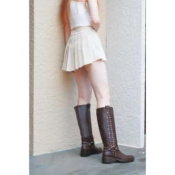 MUCCCUTE Brown Knee High Boots for Women Moto Boots Tall Square Toe Slip On Chunky Low Heel Biker Riding Boots Fashion Size 9