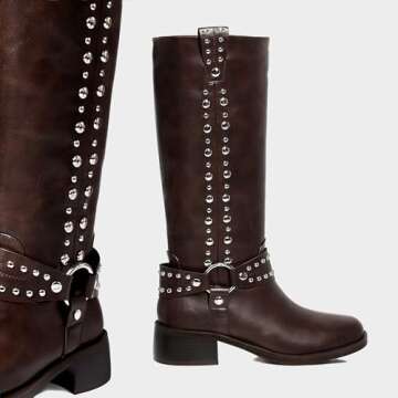 MUCCCUTE Brown Knee High Boots for Women Moto Boots Tall Square Toe Slip On Chunky Low Heel Biker Riding Boots Fashion Size 9