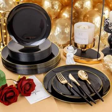 Supernal 150pcs Black Plastic Plates & Gold Cutlery Set