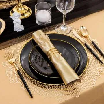 Supernal 150pcs Black Plastic Plates & Gold Cutlery Set