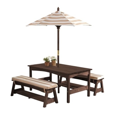 KidKraft Outdoor Wooden Table & Bench Set with Cushions and Umbrella, Kids Backyard Furniture, Espre...