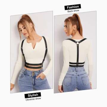 HLJA Punk Waist Harness Belt Fashion Body Chain 28''-37'' Black Leather Goth Rave Adjustable Body Co...