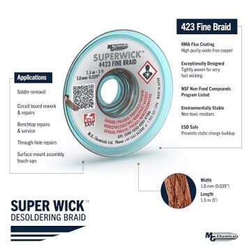 MG Chemicals - 423 Desoldering Braid #1 Fine Braid Super Wick with RMA Flux, 5' Length x 0.025" Width , White
