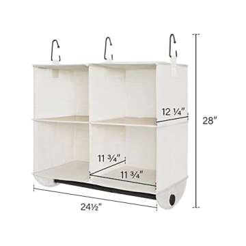 StorageWorks Hanging Closet Organizer with Garment Rod, 4 Section Closet Hanging Shelves, Hanging Clothes Cube Organizer, White & Ivory, 12 ¼" D x 24 ½" W x 28" H