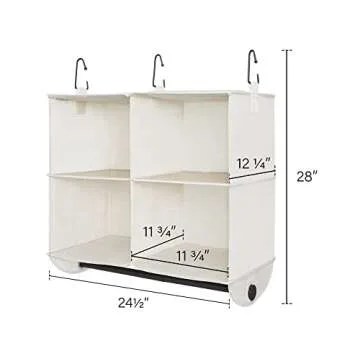 StorageWorks Hanging Closet Organizer with Garment Rod, 4 Section Closet Hanging Shelves, Hanging Clothes Cube Organizer, White & Ivory, 12 ¼" D x 24 ½" W x 28" H