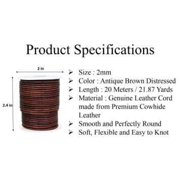 GENIQUE Real/Genuine Round Leather Cord for Jewelry Making, Leather String Cord for Crafting, Necklace, Bracelets, Braiding, Wraps (2mm, Antique Brown Distressed)