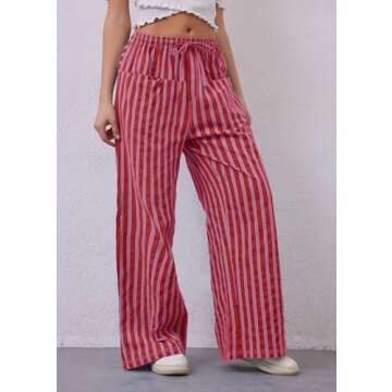 MISSACTIVER Women Drawstring Striped Pants Loose Wide Leg Trousers Casual Low Waist Pants Comfy Loun...