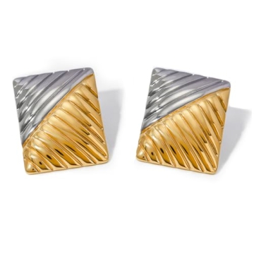 Chunky Striped Square Statement Earrings - Gold Rectangle Geometric Earrings for Women