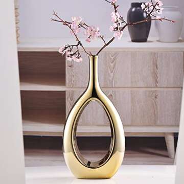 Glossy Gold Vase Ceramic Gold Vases Home Decor,Modern Minimalist Circle with Hole Decorative Vase, Hollow Ellipse Flower vases for Bookshelf, Fireplace Mantle, Centerpieces,Farmhouse,Rustic Décor