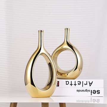 Glossy Gold Vase Ceramic Gold Vases Home Decor,Modern Minimalist Circle with Hole Decorative Vase, Hollow Ellipse Flower vases for Bookshelf, Fireplace Mantle, Centerpieces,Farmhouse,Rustic Décor