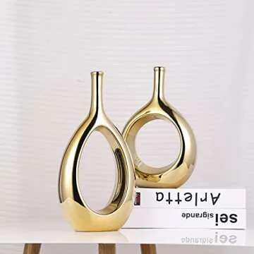 Glossy Gold Vase Ceramic Gold Vases Home Decor,Modern Minimalist Circle with Hole Decorative Vase, Hollow Ellipse Flower vases for Bookshelf, Fireplace Mantle, Centerpieces,Farmhouse,Rustic Décor