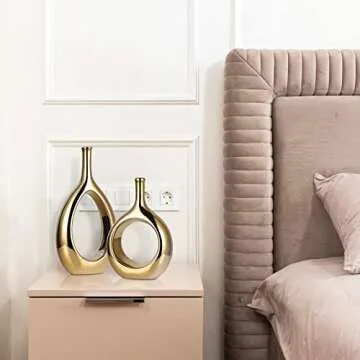 Glossy Gold Vase Ceramic Gold Vases Home Decor,Modern Minimalist Circle with Hole Decorative Vase, Hollow Ellipse Flower vases for Bookshelf, Fireplace Mantle, Centerpieces,Farmhouse,Rustic Décor