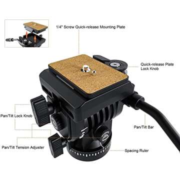 Fluid Head,pangshi VT-1510 Video Camera Tripod Head Fluid Drag Pan Tilt Head with 1/4” Quick Release Plate for Canon Nikon Sony DSLR Cameras Camcorder Shooting Filming