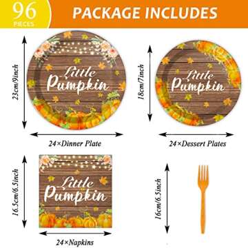 96 PCS Little Pumpkin Party Plates Napkins Pumpkin Themed Party Tableware Fall Leaves Pumpkin Dispos...