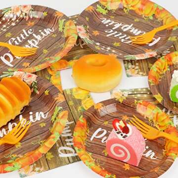 96 PCS Little Pumpkin Party Plates Napkins Pumpkin Themed Party Tableware Fall Leaves Pumpkin Disposable Paper Plates Napkins Happy Birthday Baby Shower Party Decorations Supplies Favor for 24 Guests
