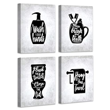 Funny Bathroom Wall Decor | Canvas Wall Art Set of 4 for Home 8x10 inch (Framed)