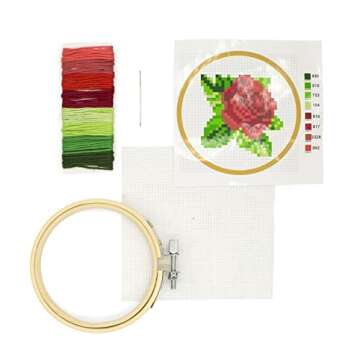 Kikkerland DIY Mini Cross Stitch Rose Embroidery Craft Starter Kit Set, with Pattern Instructions, 3" Bamboo Hoop, Stress Relief, Adult Beginner Friendly