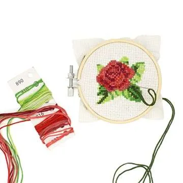 Kikkerland DIY Mini Cross Stitch Rose Embroidery Craft Starter Kit Set, with Pattern Instructions, 3" Bamboo Hoop, Stress Relief, Adult Beginner Friendly