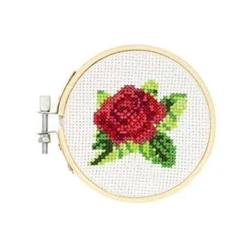Kikkerland DIY Mini Cross Stitch Rose Embroidery Craft Starter Kit Set, with Pattern Instructions, 3" Bamboo Hoop, Stress Relief, Adult Beginner Friendly