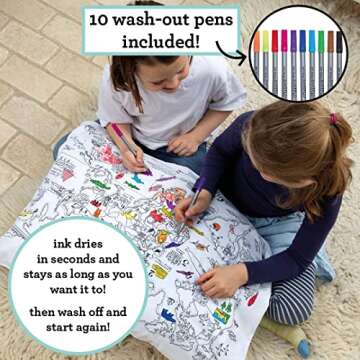 eatsleepdoodle World Map Coloring Pillowcase for Kids w/ 10pk Washable Markers for Kids - 30x20in Map Pillowcase to Color - Ultra Washable & Reusable Arts and Crafts for Kids