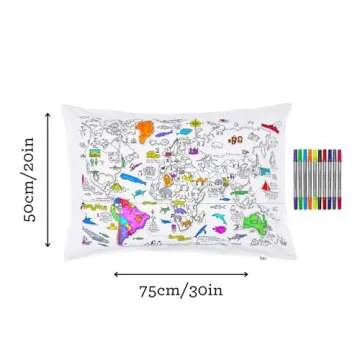 eatsleepdoodle World Map Coloring Pillowcase for Kids w/ 10pk Washable Markers for Kids - 30x20in Map Pillowcase to Color - Ultra Washable & Reusable Arts and Crafts for Kids