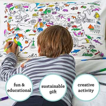 eatsleepdoodle World Map Coloring Pillowcase for Kids w/ 10pk Washable Markers for Kids - 30x20in Map Pillowcase to Color - Ultra Washable & Reusable Arts and Crafts for Kids