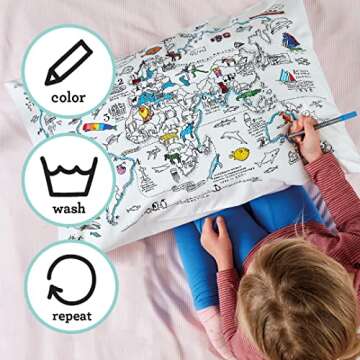 eatsleepdoodle World Map Coloring Pillowcase for Kids w/ 10pk Washable Markers for Kids - 30x20in Map Pillowcase to Color - Ultra Washable & Reusable Arts and Crafts for Kids