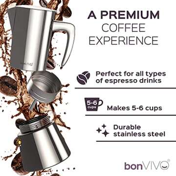 bonVIVO Intenca Stovetop Espresso Maker - Luxurious, Stainless Steel Italian Coffee Maker for Camping or Home Use - Makes 6 Cups of Full-Bodied Coffee - Chrome, 10oz